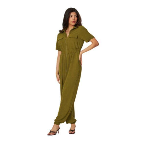 Army Green Utility-Style Cargo Jumpsuit with Front Zip‎ Closure Edgy & Versatile - Picture 1 of 5